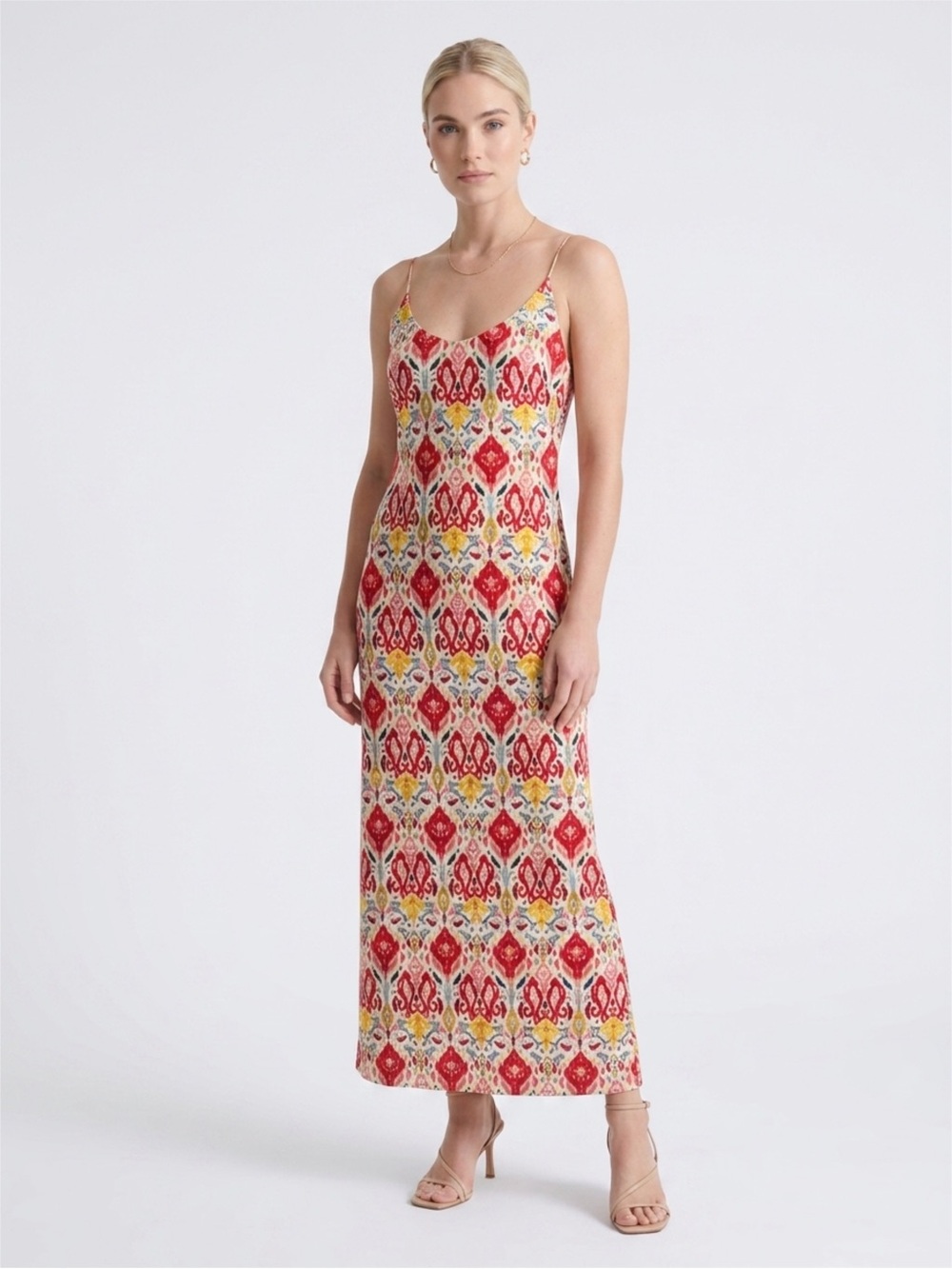 Alice + Olivia Red and Yellow Printed Spaghetti-Strap Maxi Dress